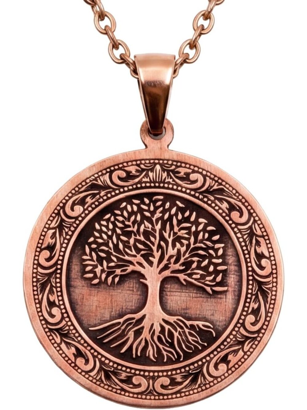 Tree of Life Copper Pendant Necklace, Engraved Medallion, 20.5” Chain